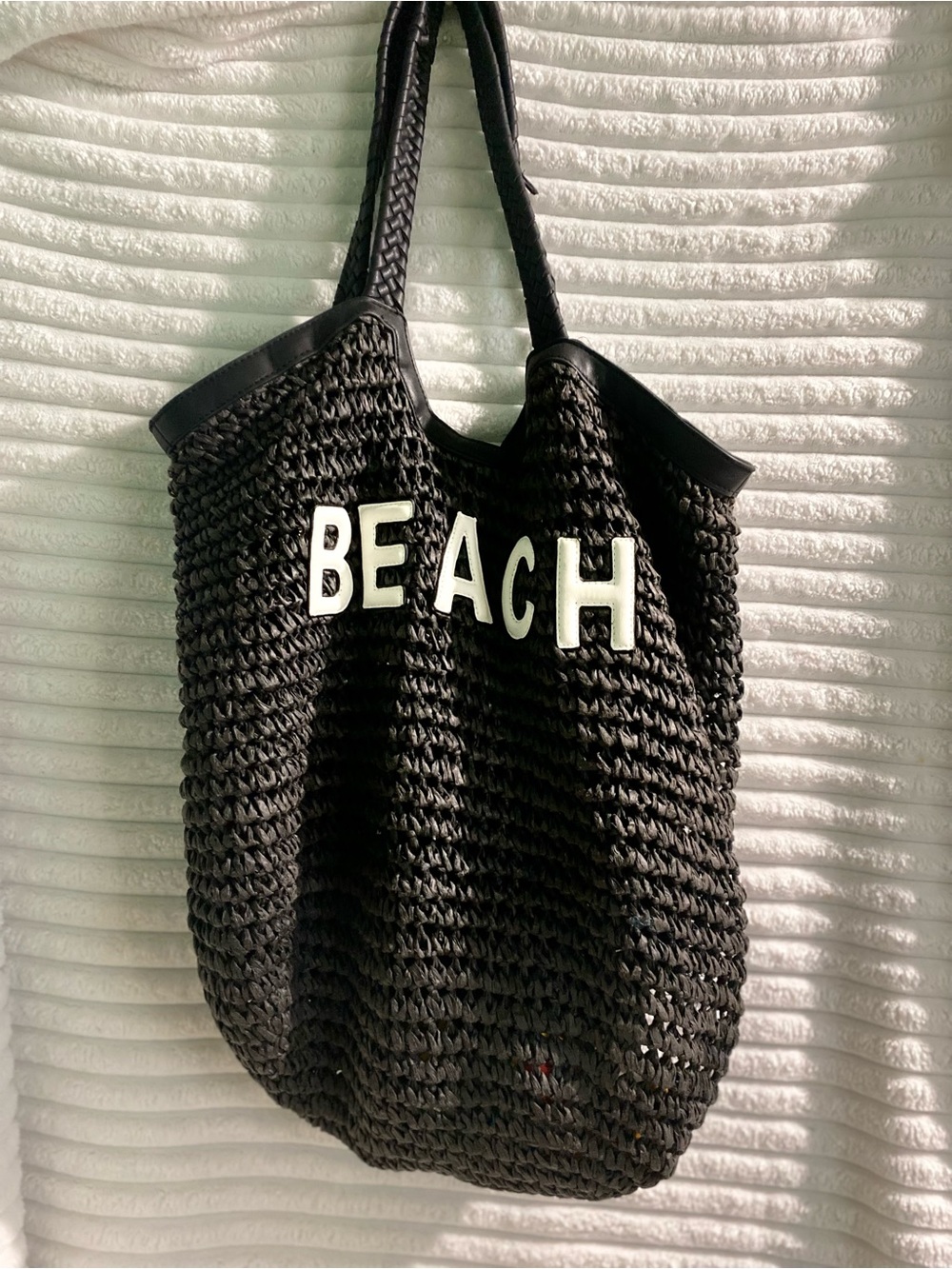 Black 'BEACH' Woven Tote Bag